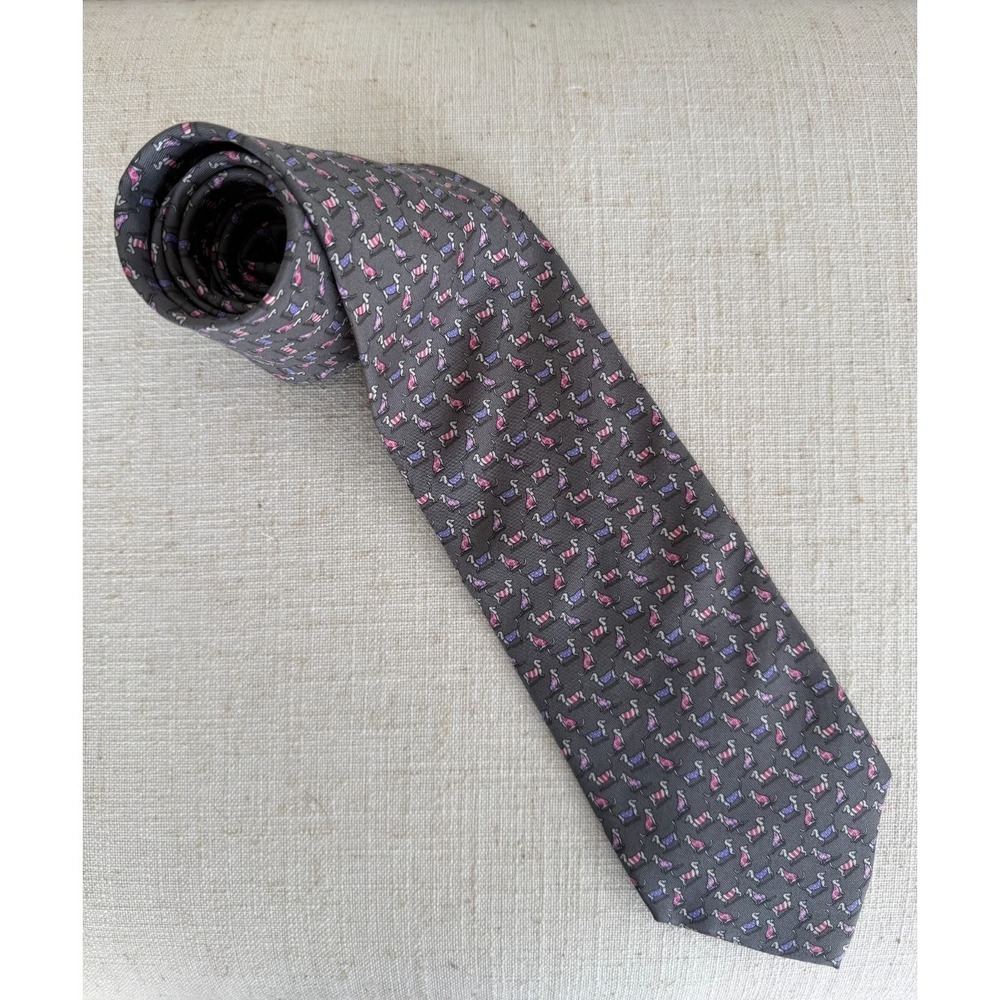 Salvatore Ferragamo Mens Silk Dachshund Weenie Dog Tie Grey Italy